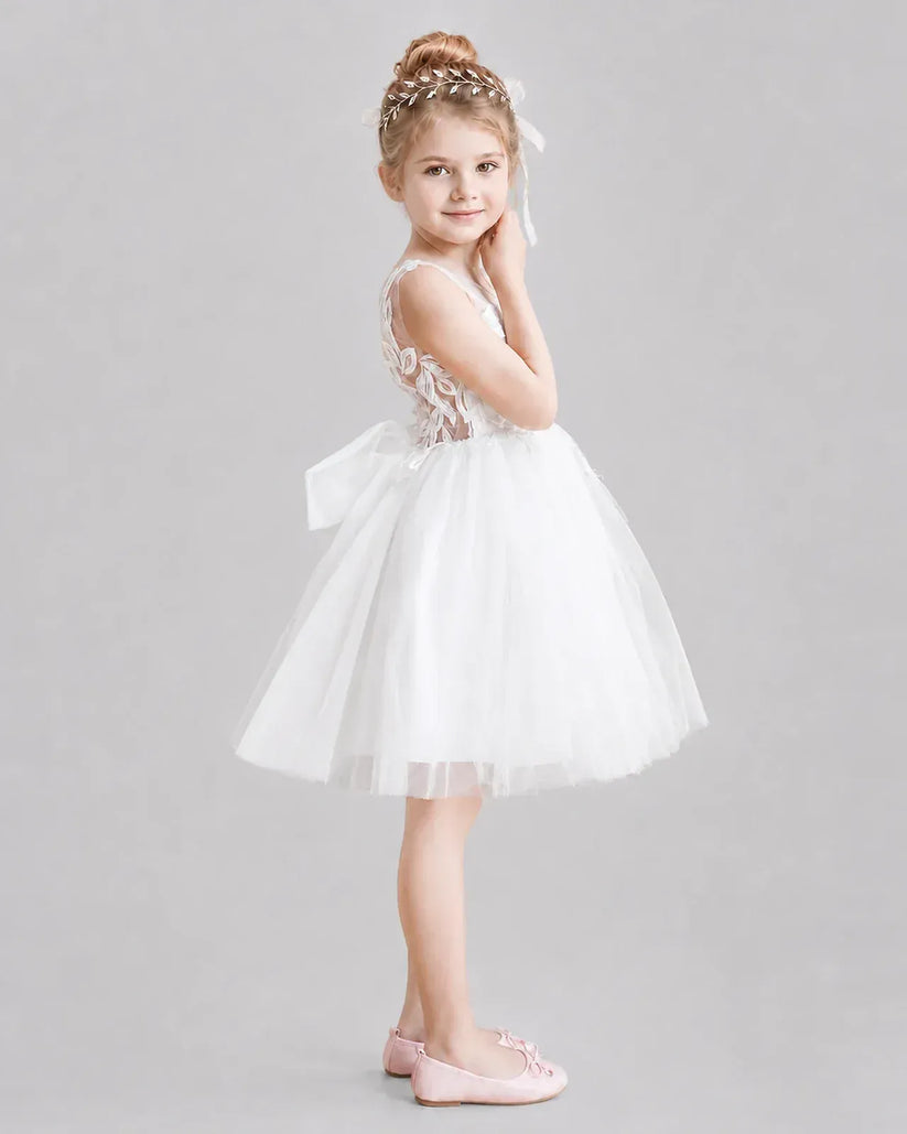 White Tulle A-line Flower Girl Dress Side View