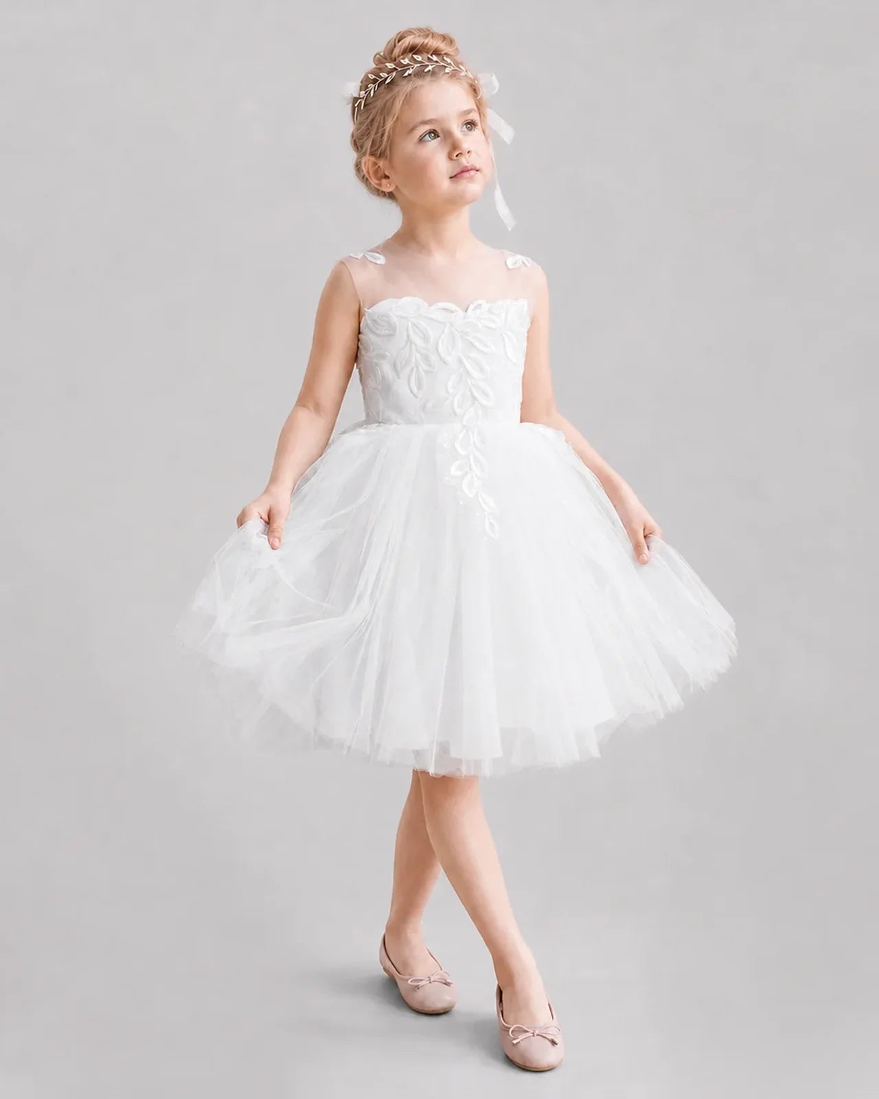 White Flower Girl Dresses Illusion Neck Bow Back Tulle Knee-Length Dress Front View