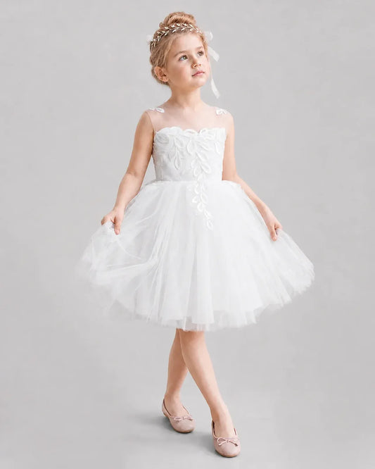 White Tulle A-line Flower Girl Dress Front View