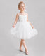 White Flower Girl Dresses Illusion Neck Bow Back Tulle Knee-Length Dress Front View