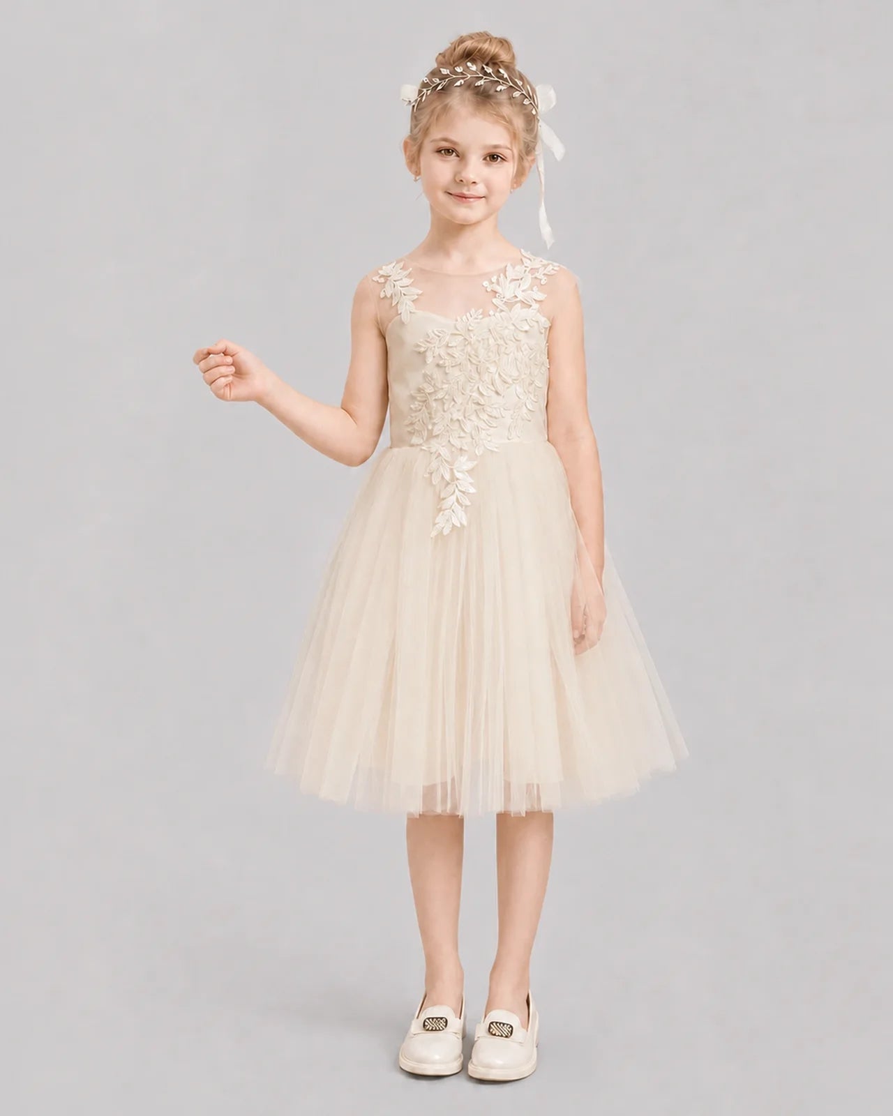 Champagne Flower Girl Dresses Illusion Neck Bow Back Tulle Knee-Length Dress Front View
