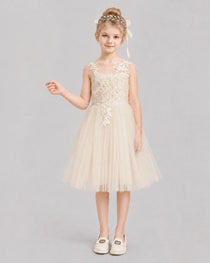 Champagne Flower Girl Dresses Illusion Neck Bow Back Tulle Knee-Length Dress Front View
