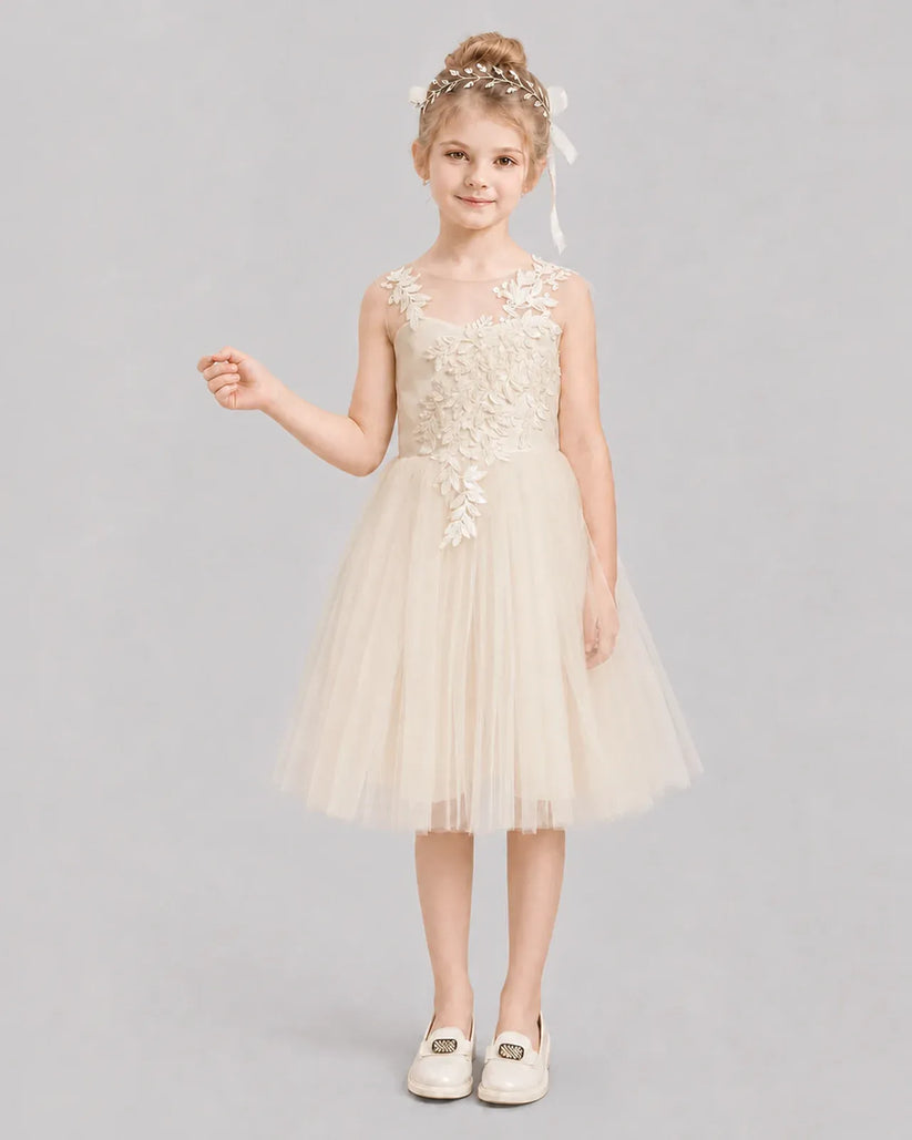 Champagne Tulle A-line Flower Girl Dress Front View