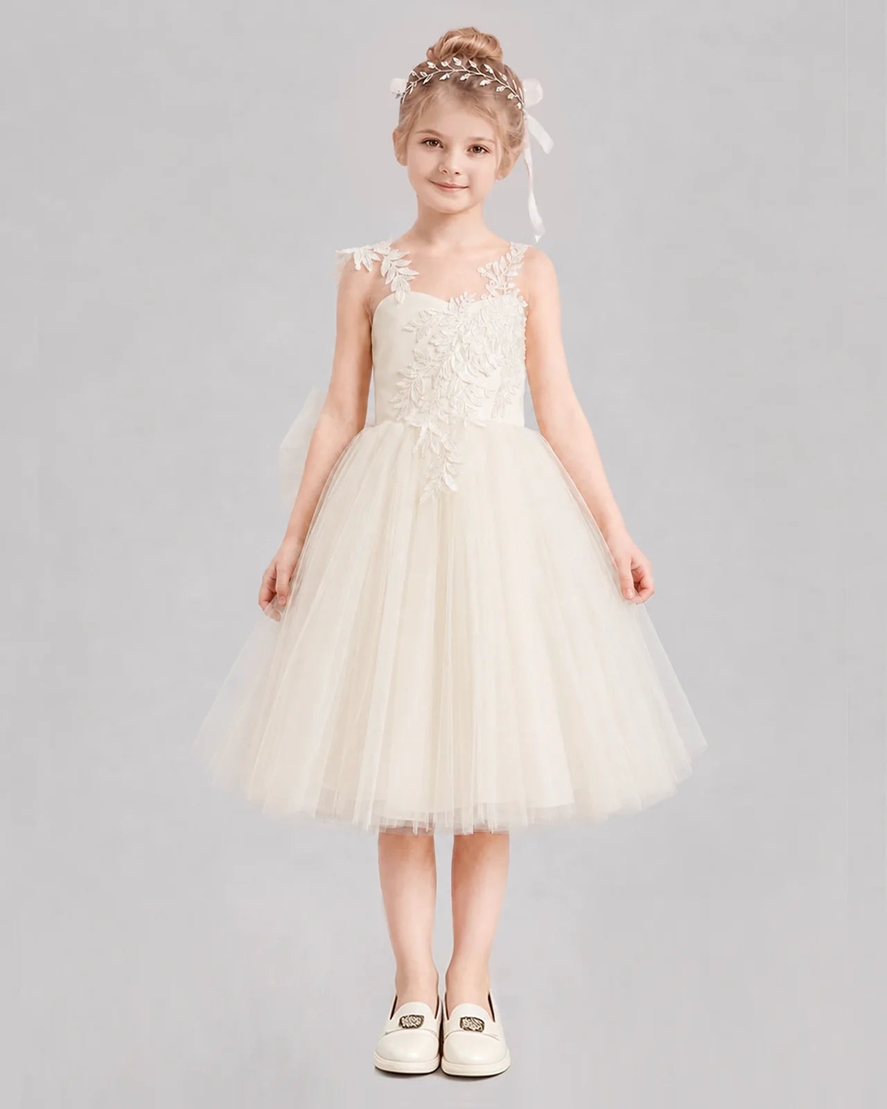 Champagne Flower Girl Dresses Illusion Neck Bow Back Tulle Knee-Length Dress Front View
