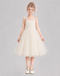 Champagne Flower Girl Dresses Illusion Neck Bow Back Tulle Knee-Length Dress Front View
