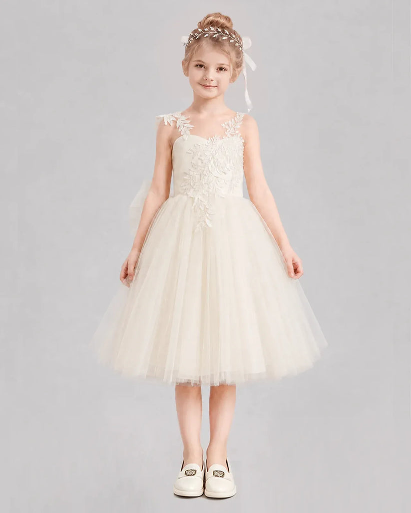 Champagne Tulle A-line Flower Girl Dress Front View