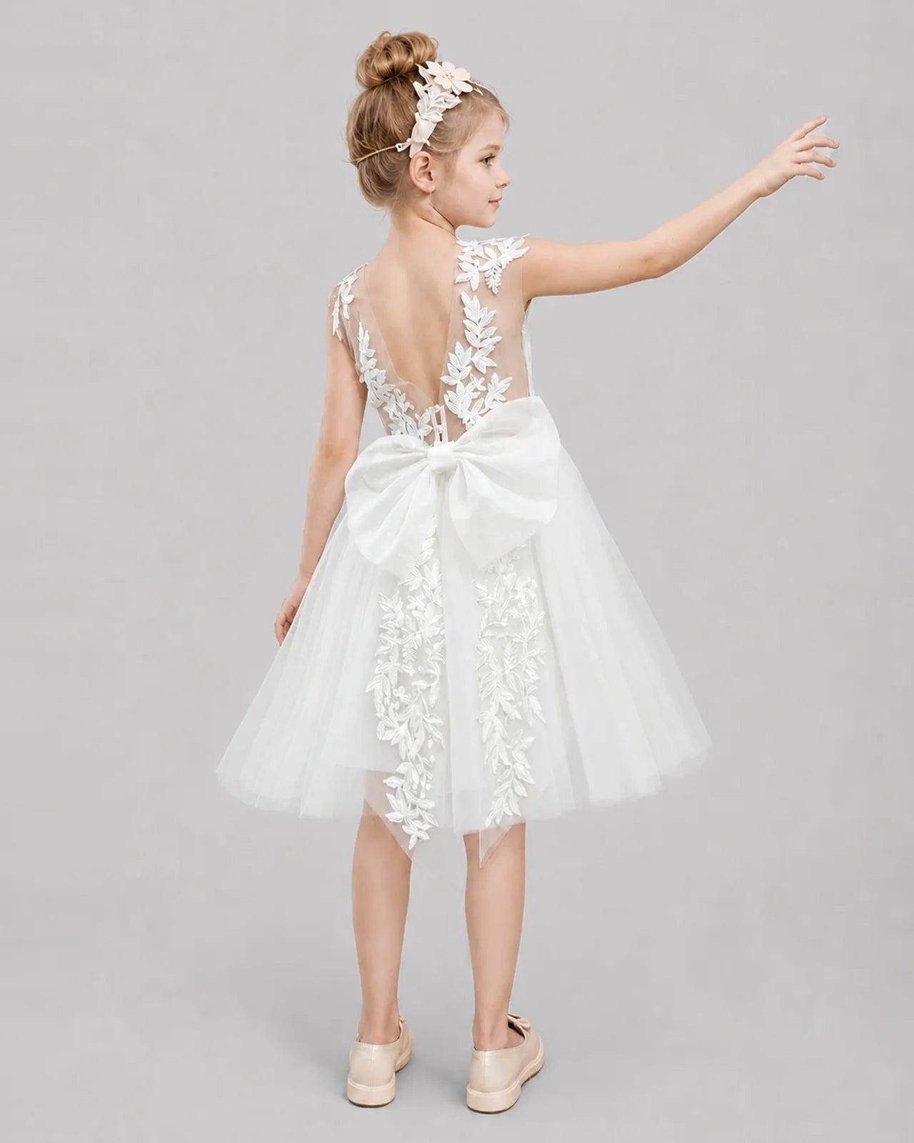 Ivory Flower Girl Dresses Illusion Neck Bow Back Tulle Knee-Length Dress Back View