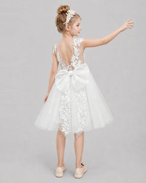 Ivory Flower Girl Dresses Illusion Neck Bow Back Tulle Knee-Length Dress Back View