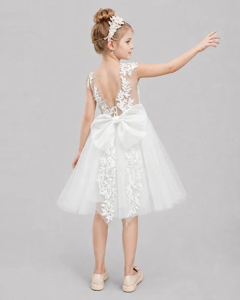 Ivory Tulle A-line Flower Girl Dress Back View
