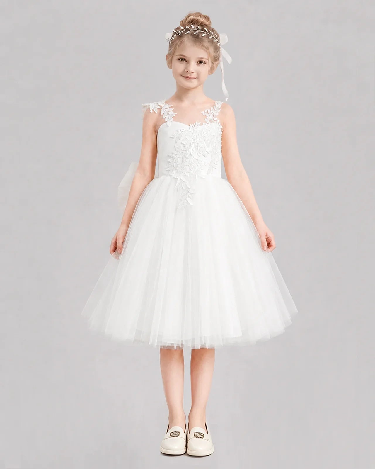 Ivory Flower Girl Dresses Illusion Neck Bow Back Tulle Knee-Length Dress Front View