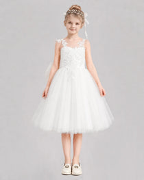 Ivory Flower Girl Dresses Illusion Neck Bow Back Tulle Knee-Length Dress Front View