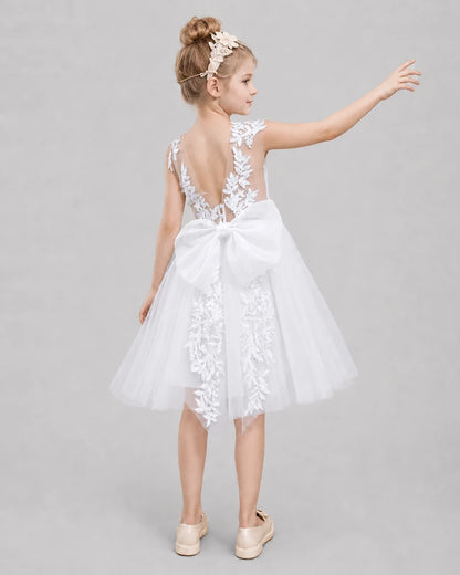 White Flower Girl Dresses Illusion Neck Bow Back Tulle Knee-Length Dress Back View