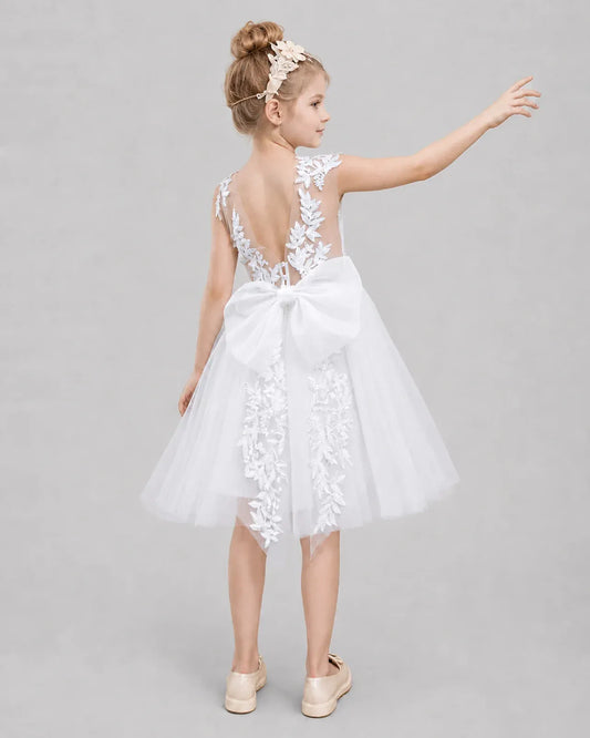 White Tulle A-line Flower Girl Dress Back View