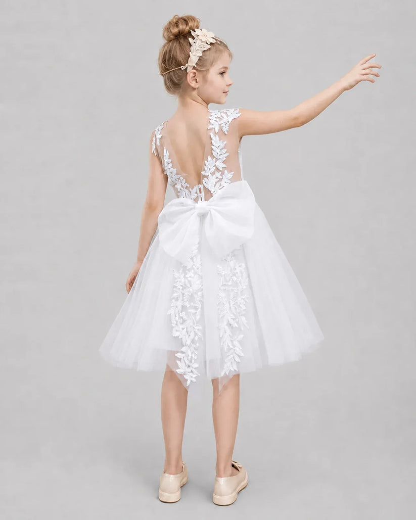 White Tulle A-line Flower Girl Dress Back View