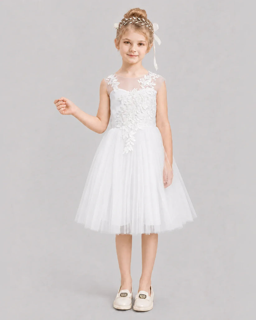 White Tulle A-line Flower Girl Dress Front View