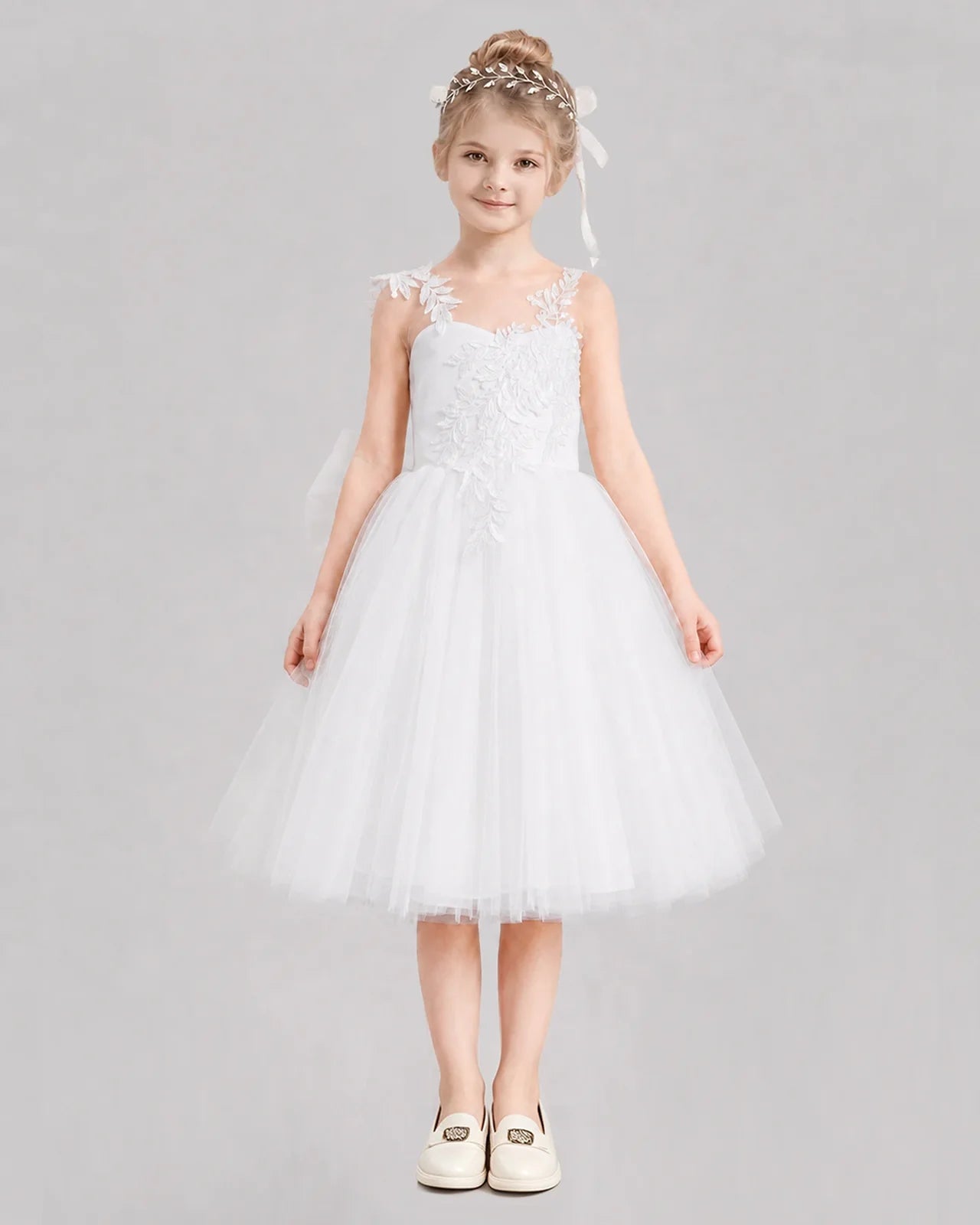 White Flower Girl Dresses Illusion Neck Bow Back Tulle Knee-Length Dress Front View