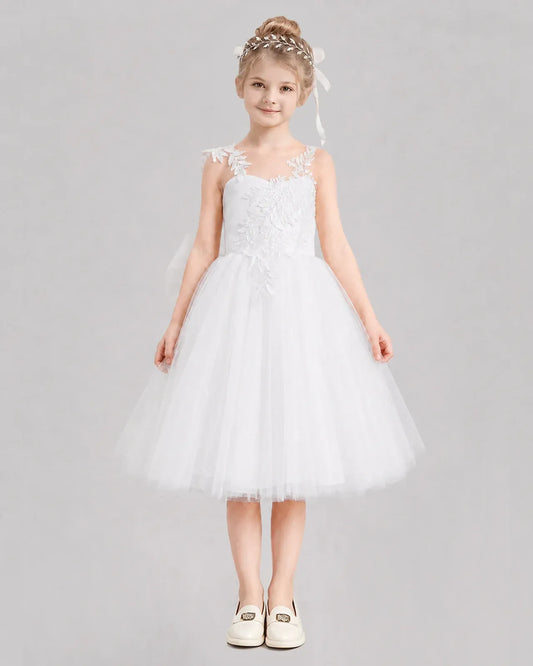 White Tulle A-line Flower Girl Dress Front View