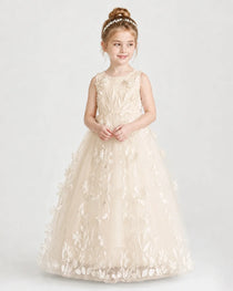 Champagne Flower Girl Dresses 3D Leaf Lace Tie-Back Tulle Floor-Length Gown Front View