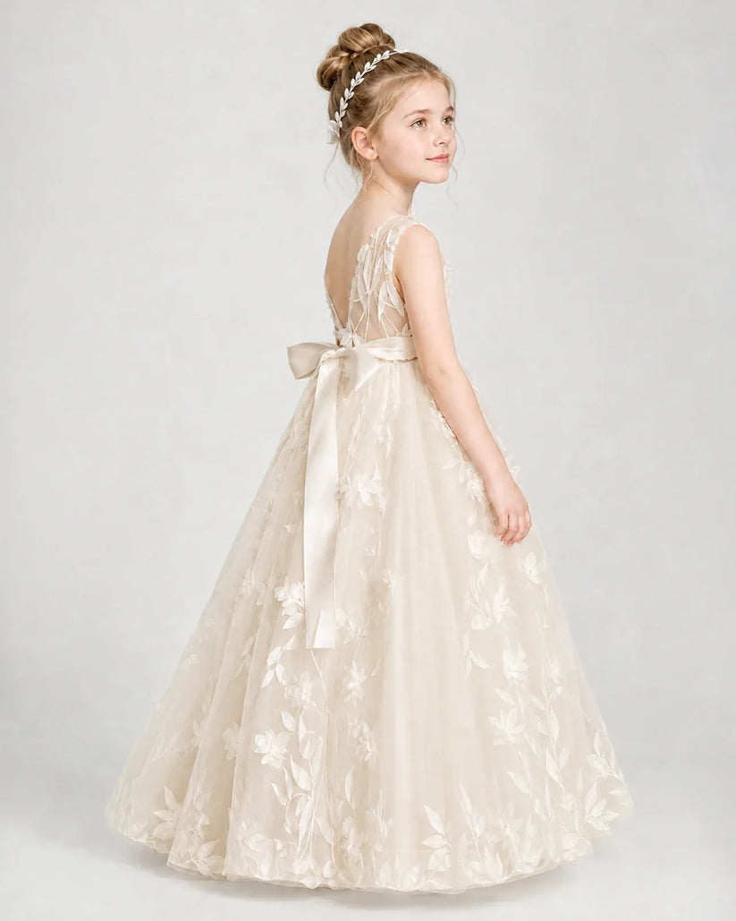 Champagne Tulle A-line Flower Girl Dress Side View