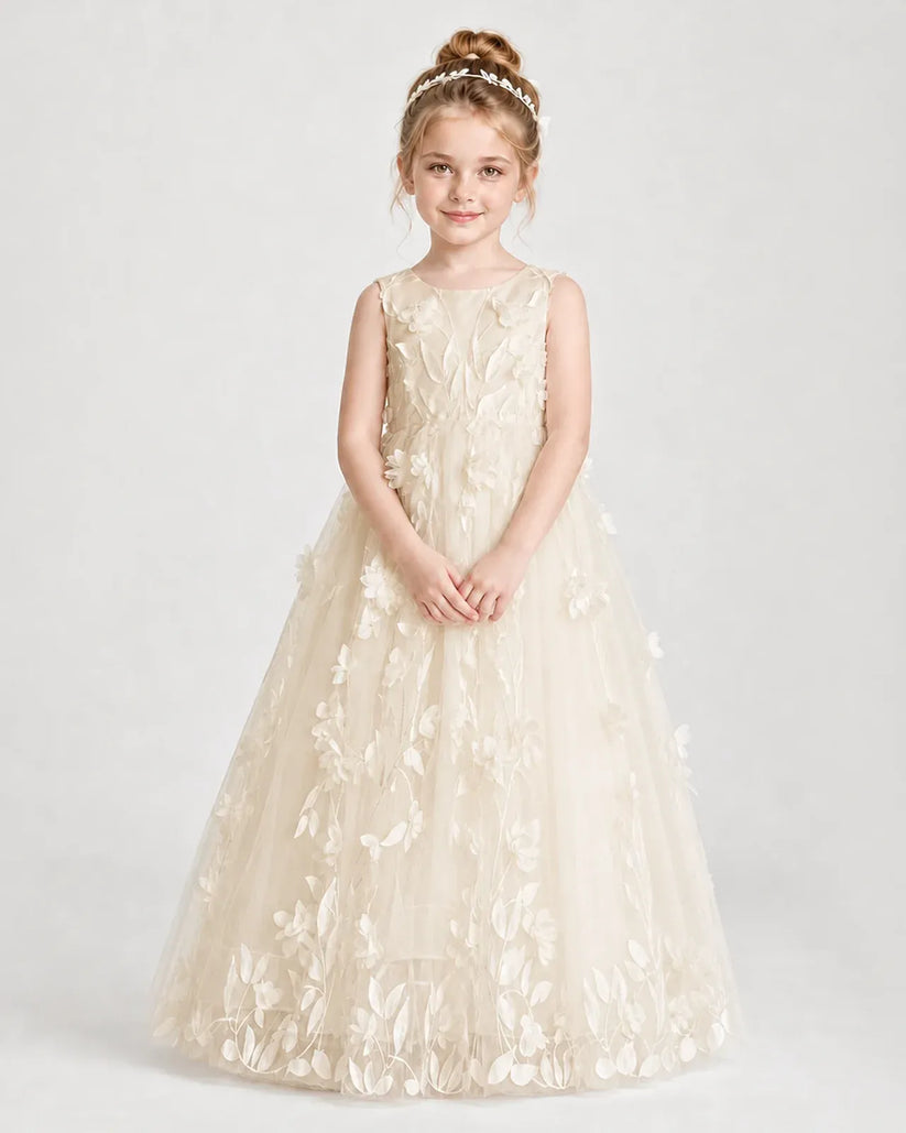 Champagne Tulle A-line Flower Girl Dress Front View