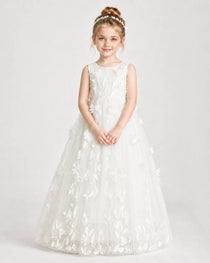 Ivory Flower Girl Dresses 3D Leaf Lace Tie-Back Tulle Floor-Length Gown Front View