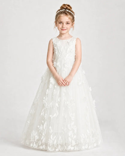 Ivory Flower Girl Dresses 3D Leaf Lace Tie-Back Tulle Floor-Length Gown Front View