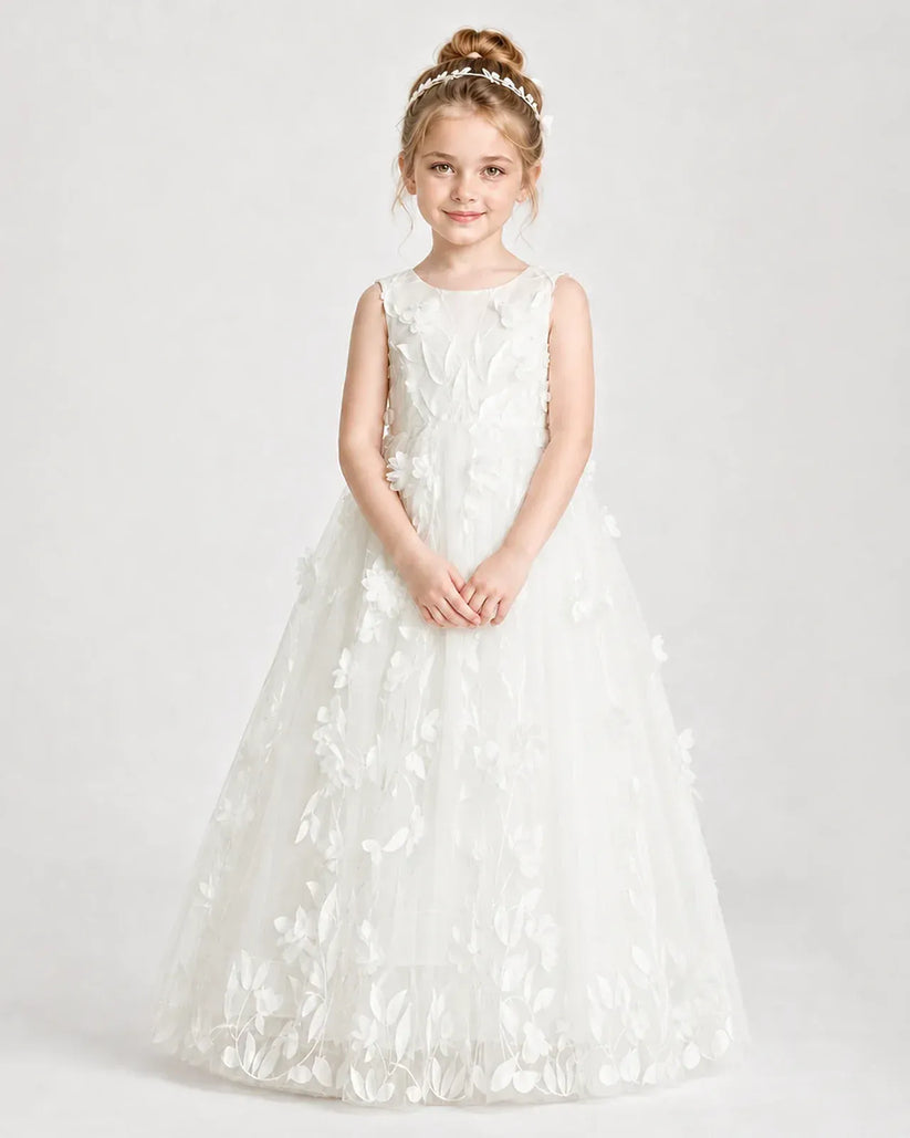 Ivory Tulle A-line Flower Girl Dress Front View