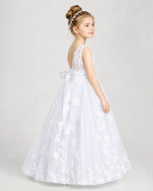 White Tulle A-line Flower Girl Dress Back View