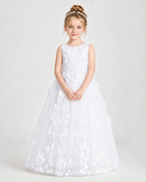 White Flower Girl Dresses 3D Leaf Lace Tie-Back Tulle Floor-Length Gown Front View