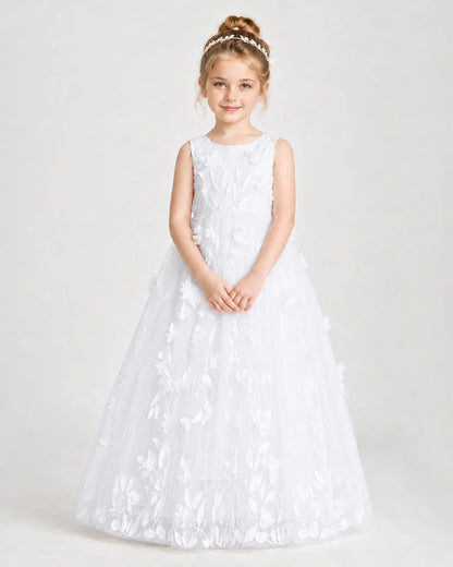 White Flower Girl Dresses 3D Leaf Lace Tie-Back Tulle Floor-Length Gown Front View