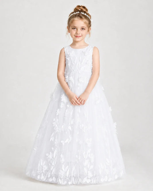 White Tulle A-line Flower Girl Dress Front View
