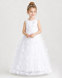 White Flower Girl Dresses 3D Leaf Lace Tie-Back Tulle Floor-Length Gown Front View