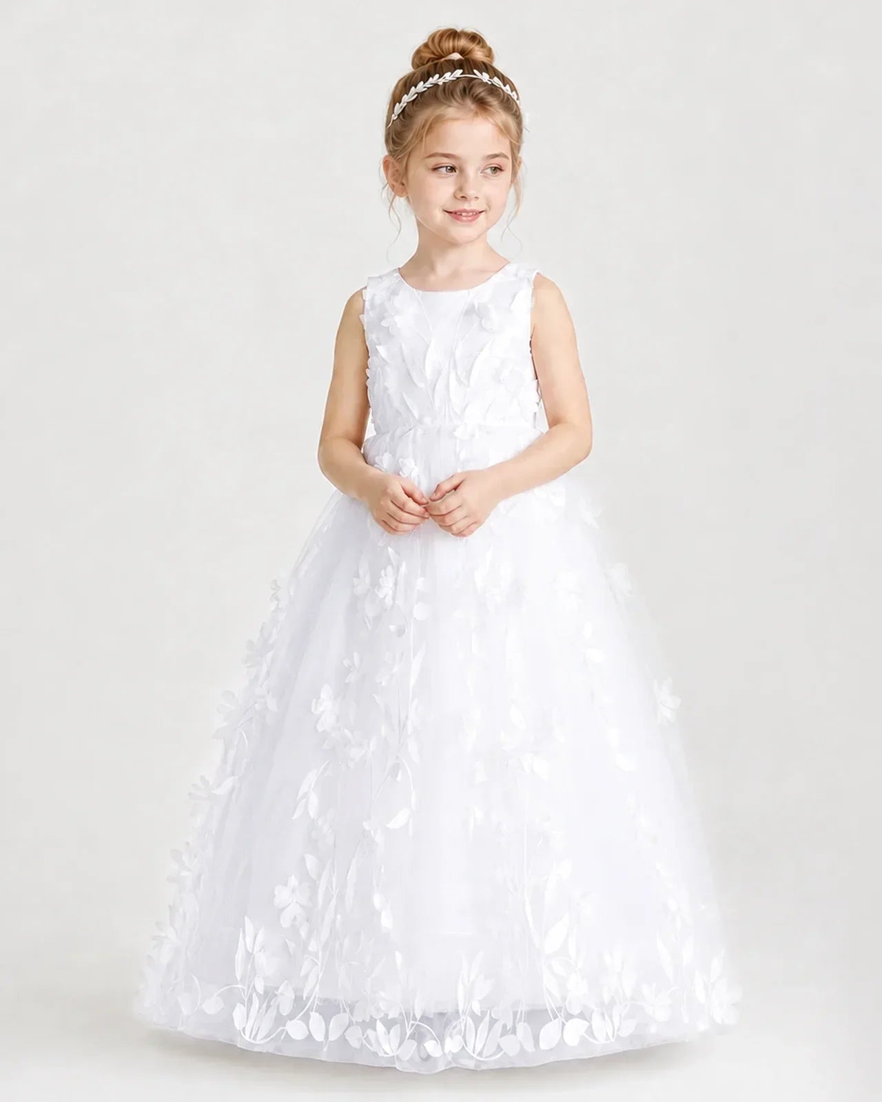White Flower Girl Dresses 3D Leaf Lace Tie-Back Tulle Floor-Length Gown Front View