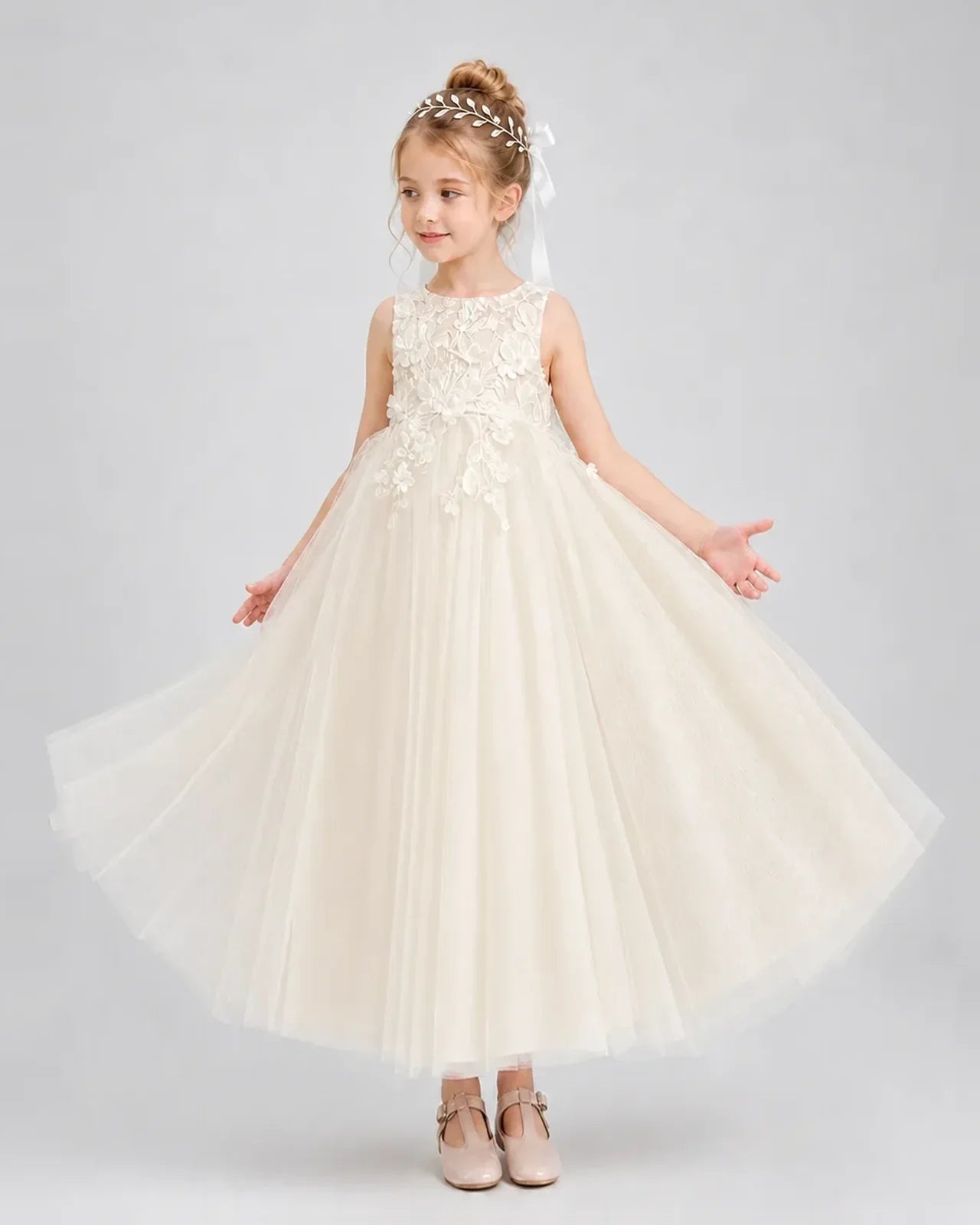 Champagne Flower Girl Dress Sleeveless 3D Floral Lace Keyhole Back Midi Dress Front View