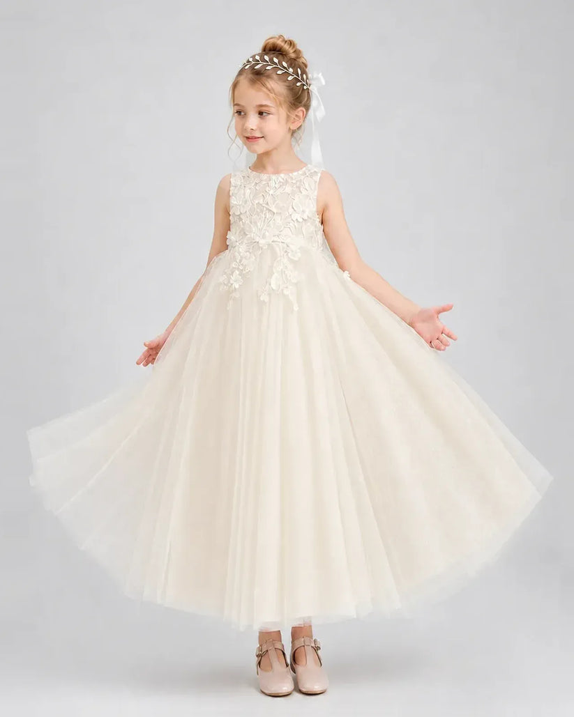 Champagne Tulle A-line Flower Girl Dress Front View
