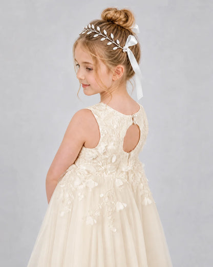 Champagne Flower Girl Dress Sleeveless 3D Floral Lace Keyhole Back Midi Dress Detail View