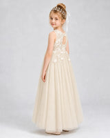 Champagne Tulle A-line Flower Girl Dress Back View
