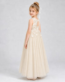 Champagne Flower Girl Dress Sleeveless 3D Floral Lace Keyhole Back Midi Dress Back View