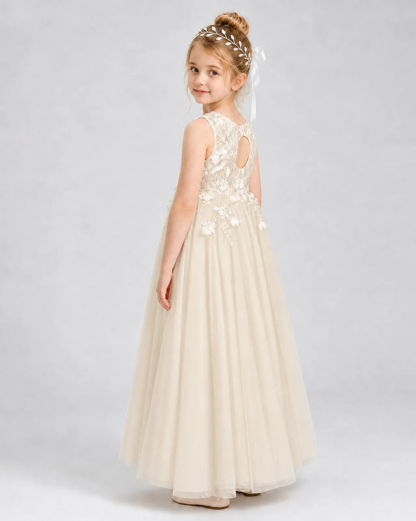 Champagne Tulle A-line Flower Girl Dress Back View
