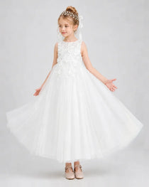White Flower Girl Dress Sleeveless 3D Floral Lace Keyhole Back Midi Dress Front View