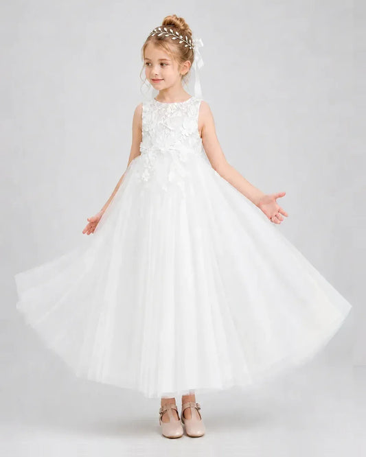 White Tulle A-line Flower Girl Dress Front View