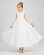 White Flower Girl Dress Sleeveless 3D Floral Lace Keyhole Back Midi Dress Front View