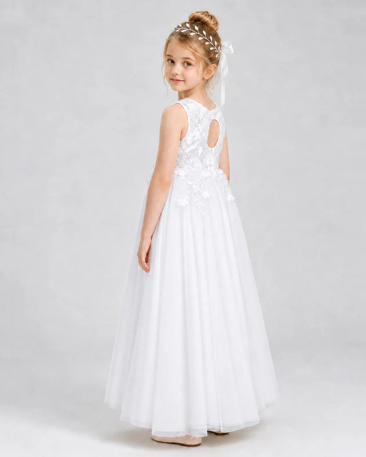 White Tulle A-line Flower Girl Dress Back View