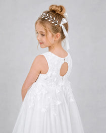 White Flower Girl Dress Sleeveless 3D Floral Lace Keyhole Back Midi Dress Detail View