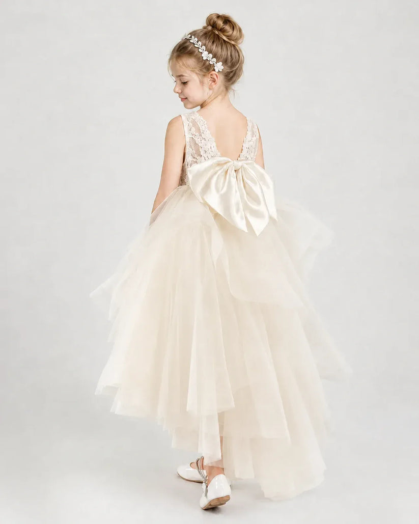 Champagne Tulle A-line Flower Girl Dress Back View