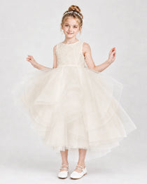 Champagne Flower Girl Dresses Lace Bodice Bow Back Tiered Tulle Knee-Length Dress Front View