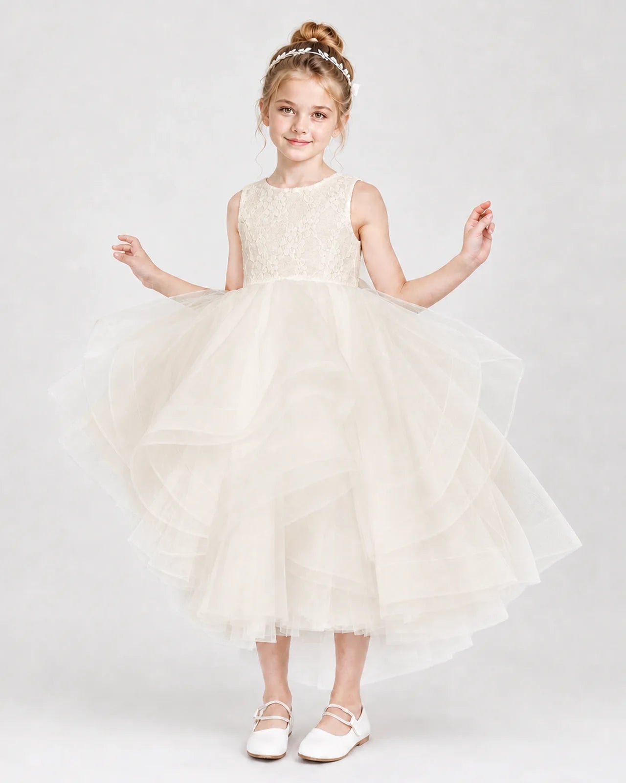 Champagne Flower Girl Dresses Lace Bodice Bow Back Tiered Tulle Knee-Length Dress Front View