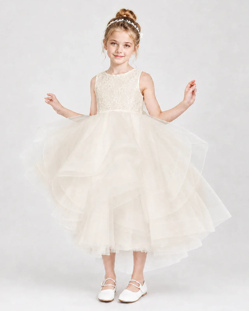 Champagne Tulle Ball Gown Flower Girl Dress Front View