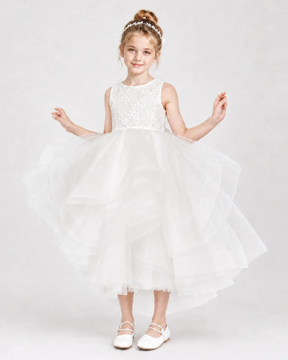 Ivory Flower Girl Dresses Lace Bodice Bow Back Tiered Tulle Knee-Length Dress Front View
