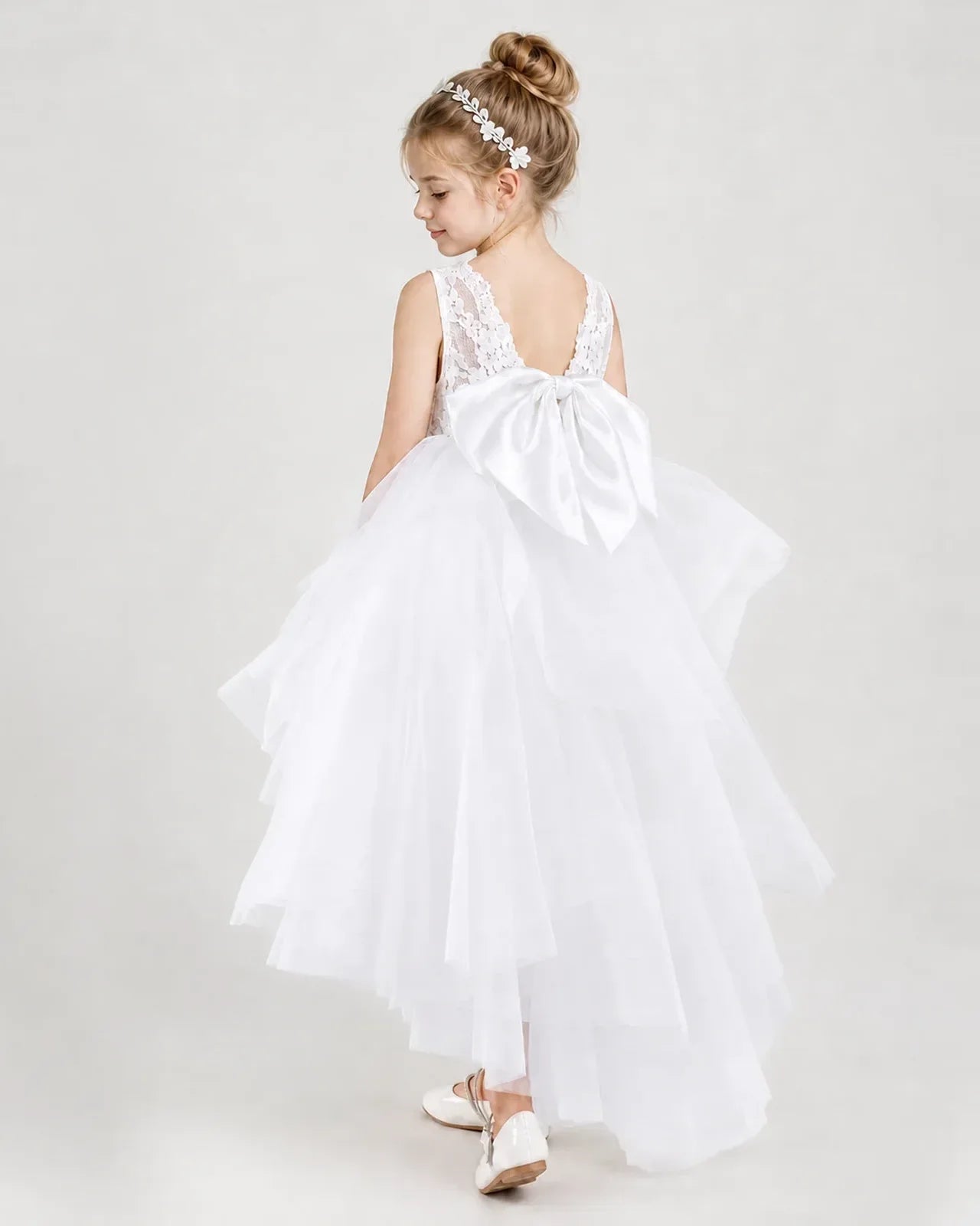 White Flower Girl Dresses Lace Bodice Bow Back Tiered Tulle Knee-Length Dress Back View